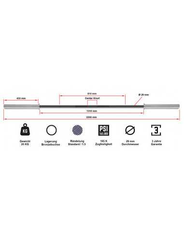 Barre de cross-training et musculation olympique ATX 220 cm chromée - Capacité de charge 450 kg 
