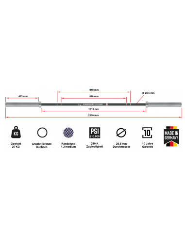 Barre olympique de weightlifting ATX de 220 cm avec capacité de charge 900 kg 