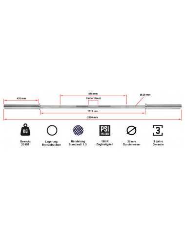Barre de musculation et d'haltérophilie olympique ATX 220 cm - Capacité de charge 680 kg 