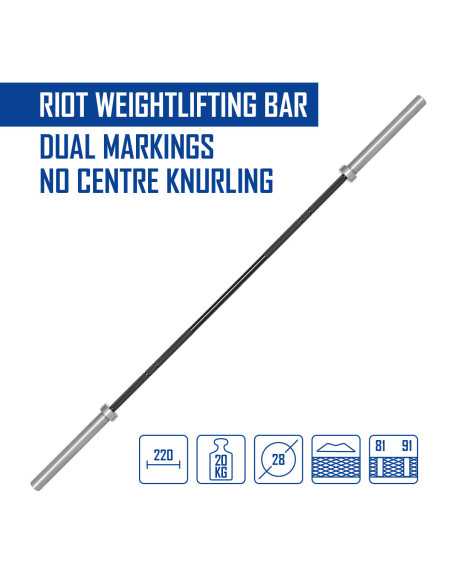 Riot Weightlifting Bar - Dual Markings without Center Knurling 