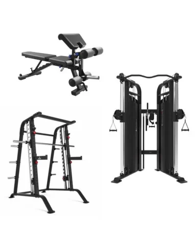 Pack musculation Binom Strength : Multipower, Poulie double, Banc réglable, Barres et Disques