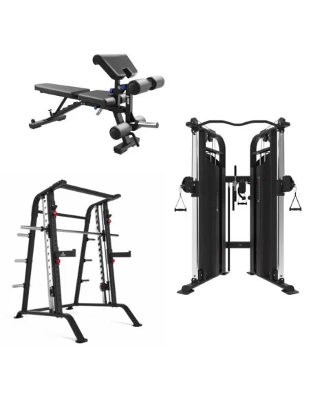 Pack musculation Binom Strength : Multipower, Poulie double, Banc réglable, Barres et Disques  Pack musculation Binom Strength : Multipower, Poulie double, Banc réglable, Barres et Disques