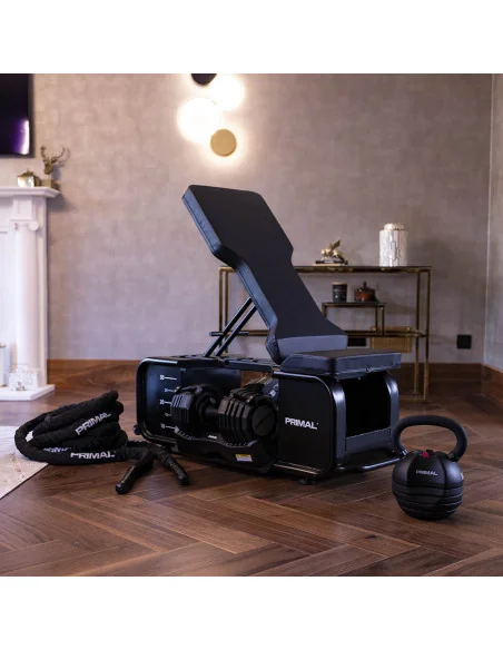 Banc HIIT Primal Personal Series avec accessoires et haltères  Banc HIIT Primal Personal Series avec accessoires et haltères