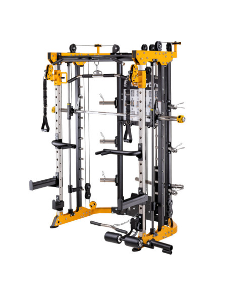 Smith machine de musculation multifonctionnelle avec colonne de poids à charges libres et poste à poulie 